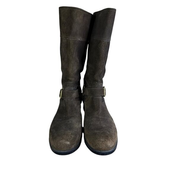 Prada Brown Mid calf Suede Biker Boots with Gold Buckle Logo EU 39 US 9 - Picture 5 of 13